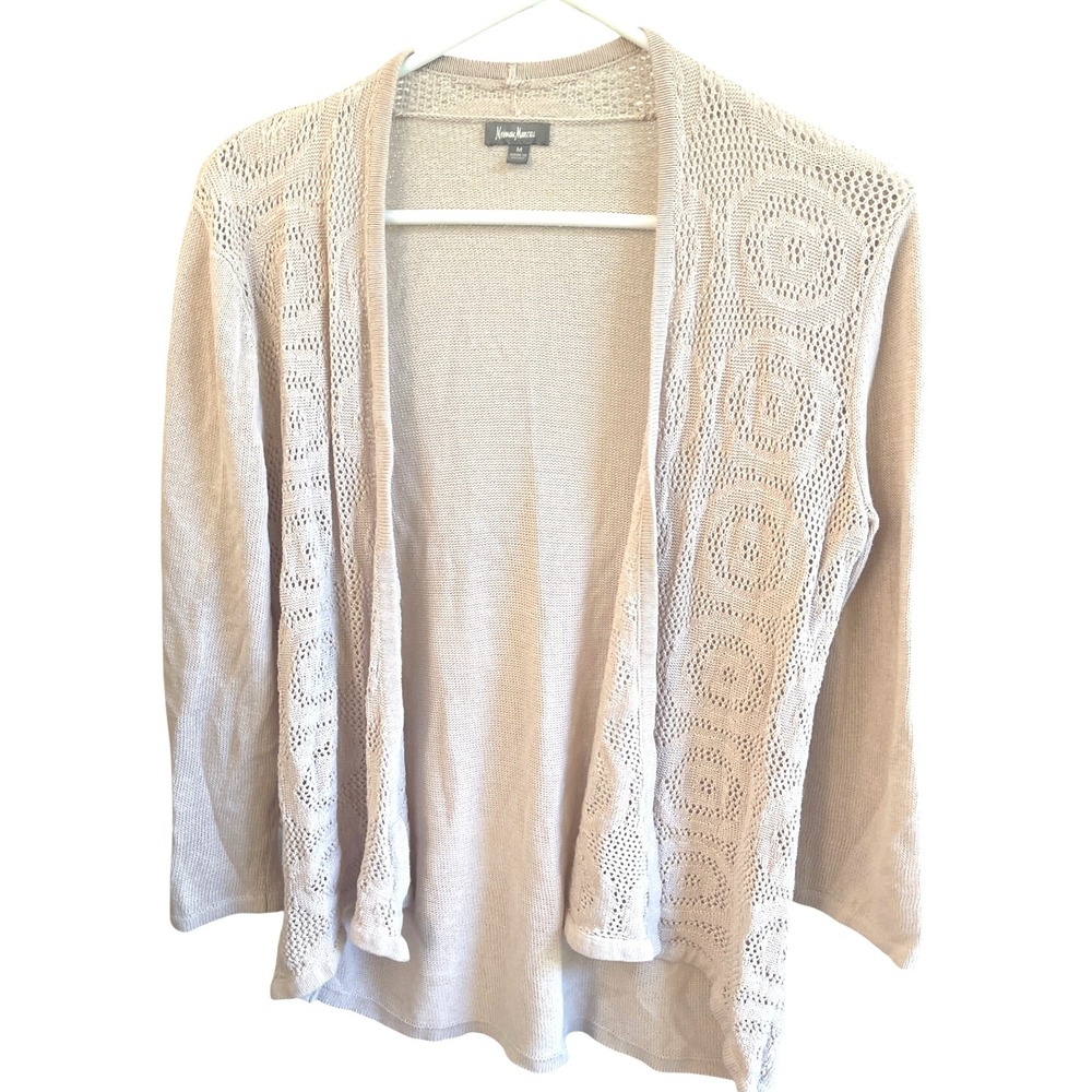 Neiman Marcus Beige Tan Cotton Viscose Crochet Open Front Knit Cardigan M